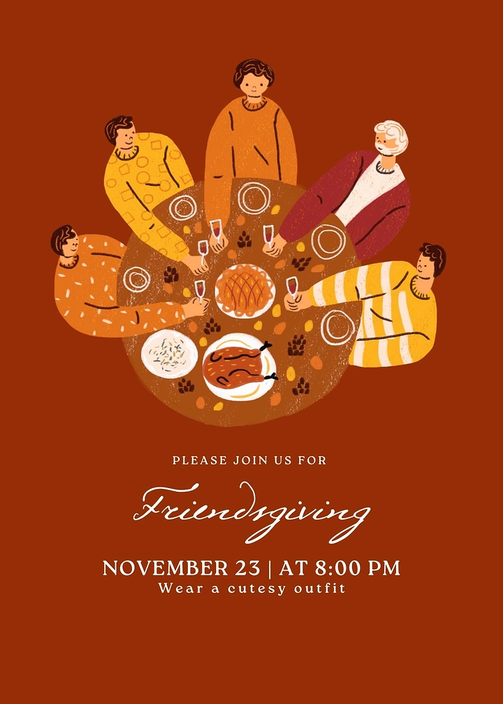 Thanksgiving creative ad: Top-down illustration of friends toasting around a dinner table