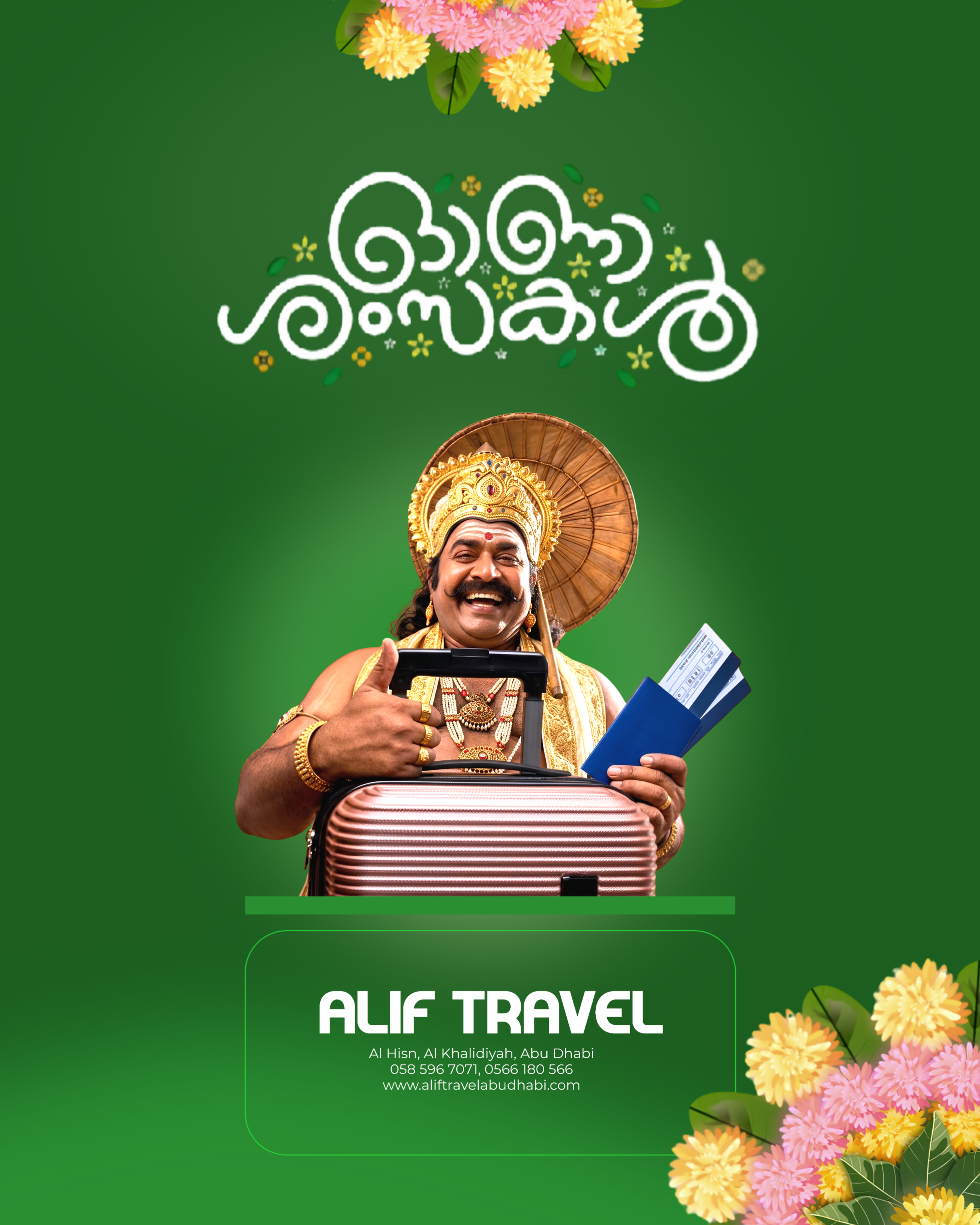 Smiling man dressed as King Mahabali holding a suitcase, passports and tickets