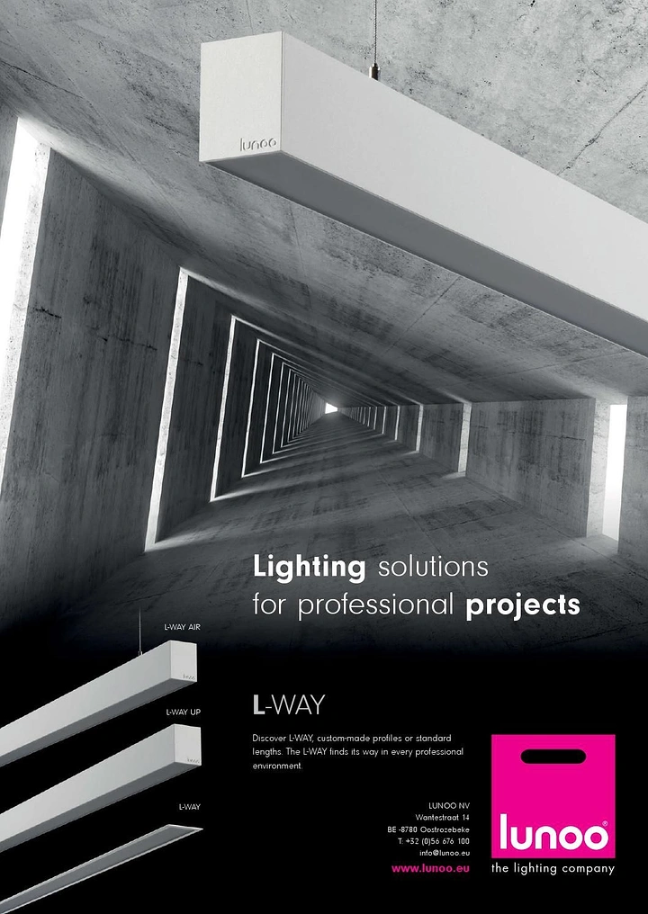 Lighting Stores & Lamps creative ad: Suspended linear architectural lighting in a brutalist concrete space