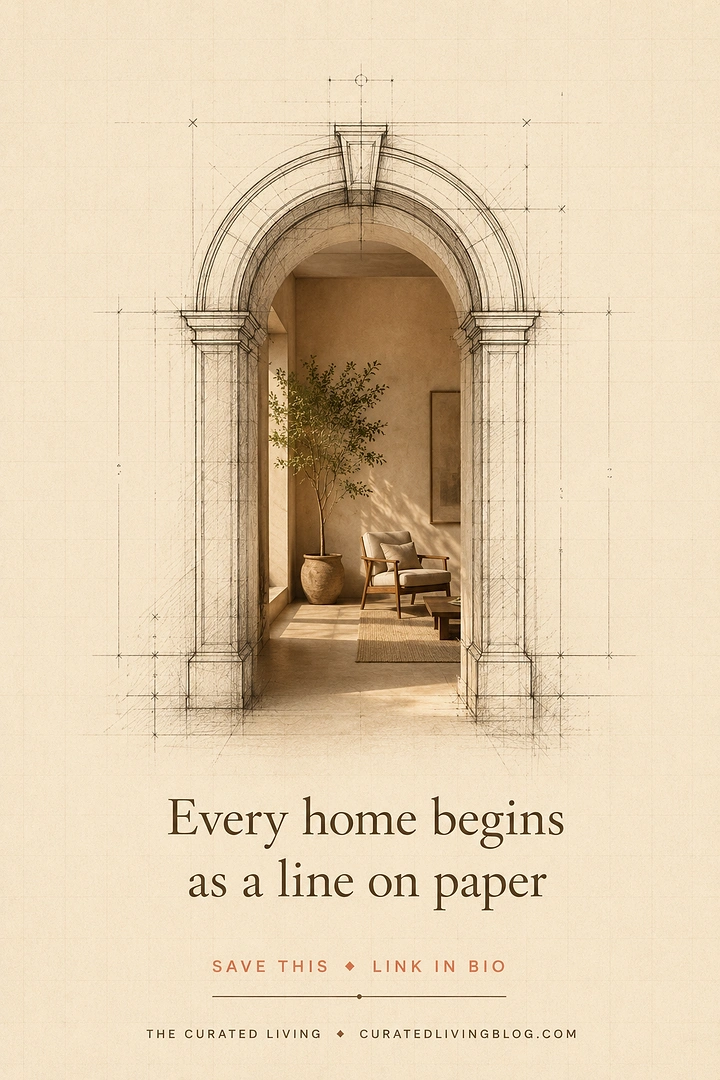 Furniture creative ad: Pencil-sketched classical arch framing a sunlit photographic interior