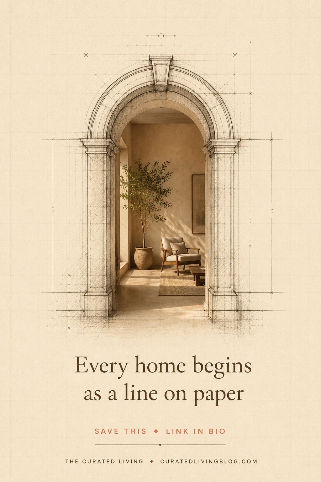 Instagram post: Pencil-sketched classical arch framing a sunlit photographic interior