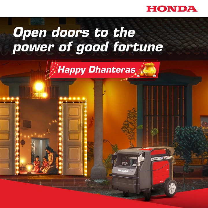 Dhanteras creative ad: Portable generator outside a lit festive home