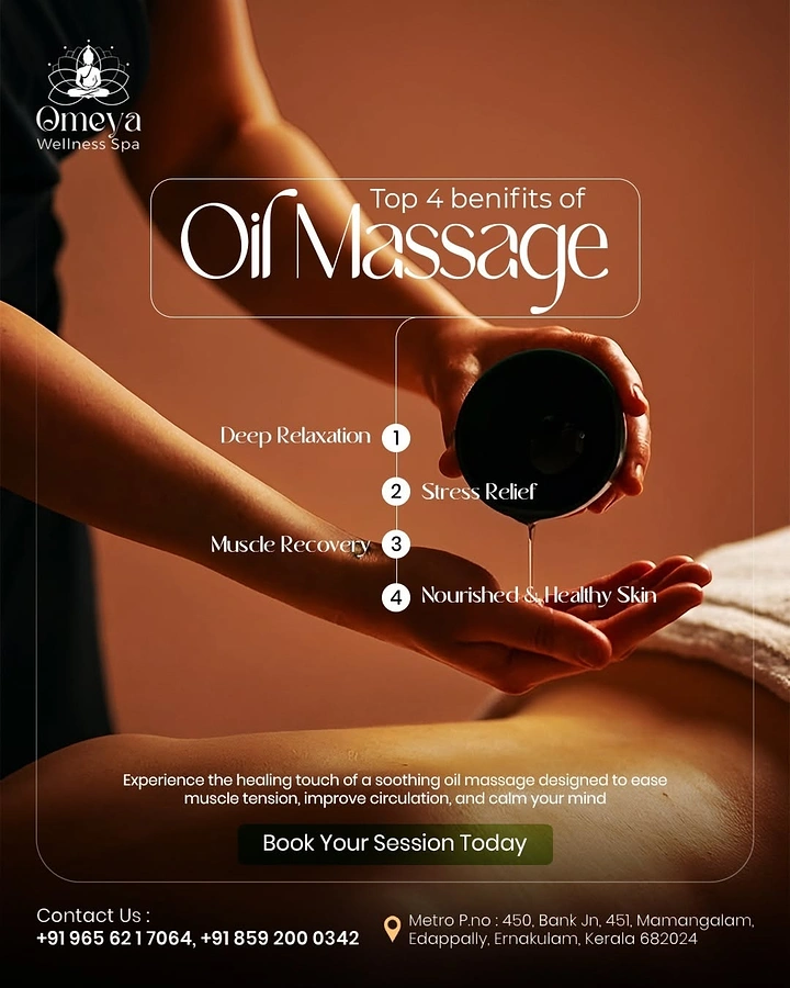 Spa & Massage creative ad: Oil stream doubles as numbered benefits line