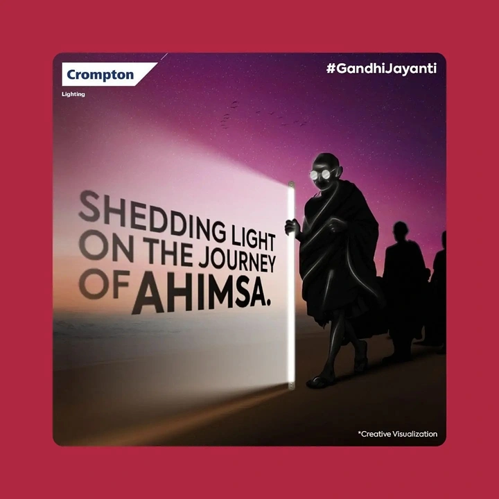 Gandhi Jayanti creative ad: Silhouetted Gandhi carrying a glowing tube light like a staff