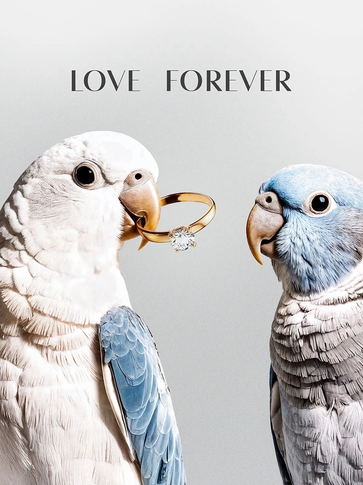 Valentine's Day creative ad: Two parrots facing each other, one holding a gold solitaire ring in its beak