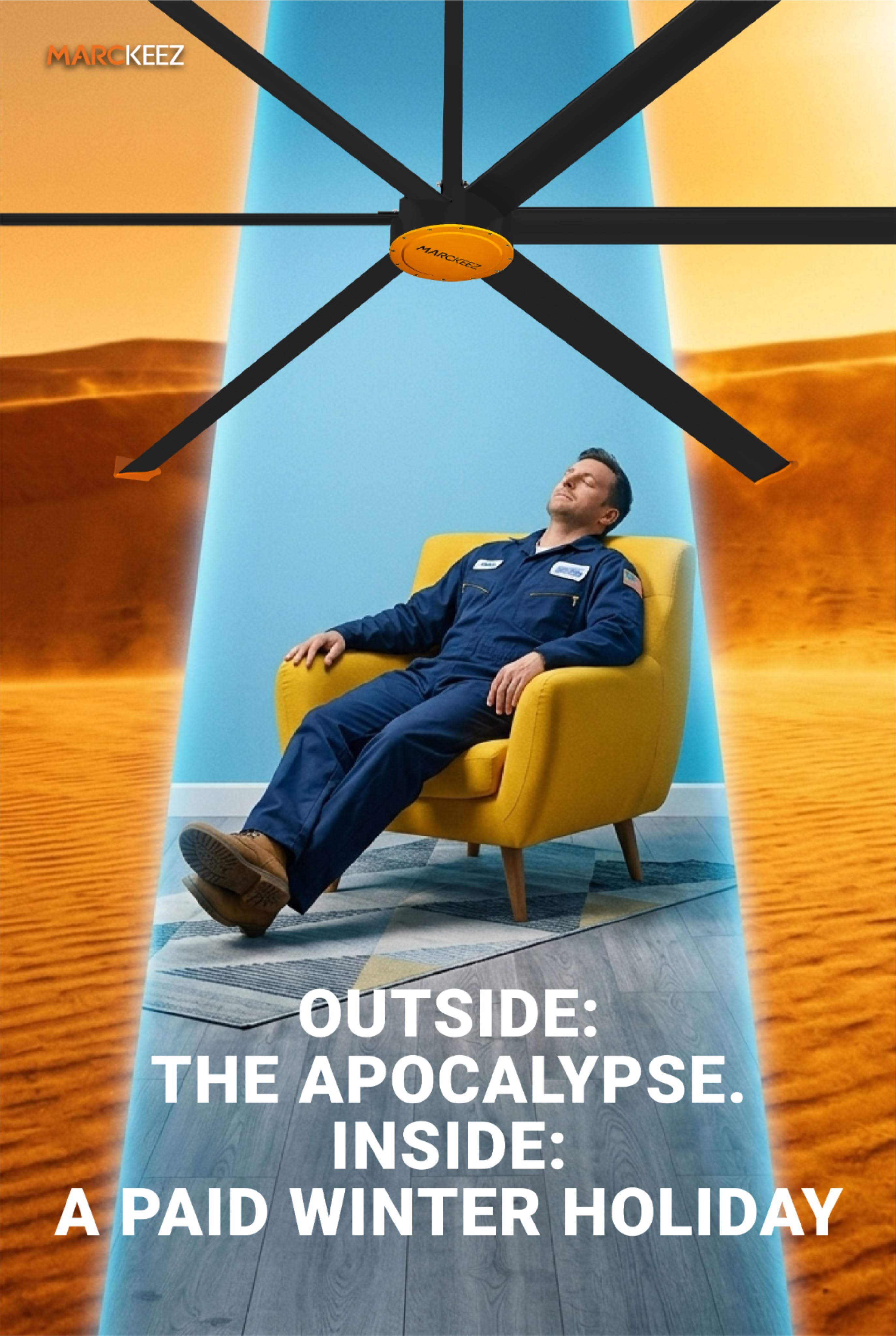 Poster: Worker relaxing in a yellow armchair under a giant industrial fan with a cool blue beam