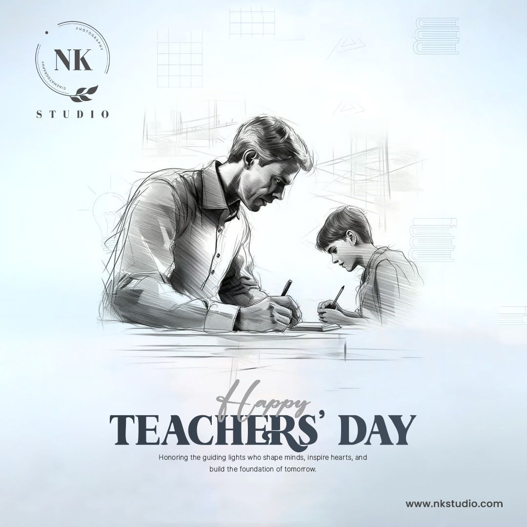 Teachers Day Instagram post: Pencil-sketch teacher guiding a boy writing at a desk