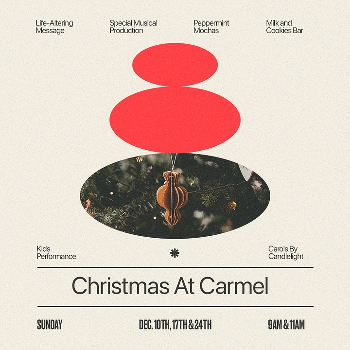 Christmas creative ad: Abstract tree of stacked ovals with an ornament photo