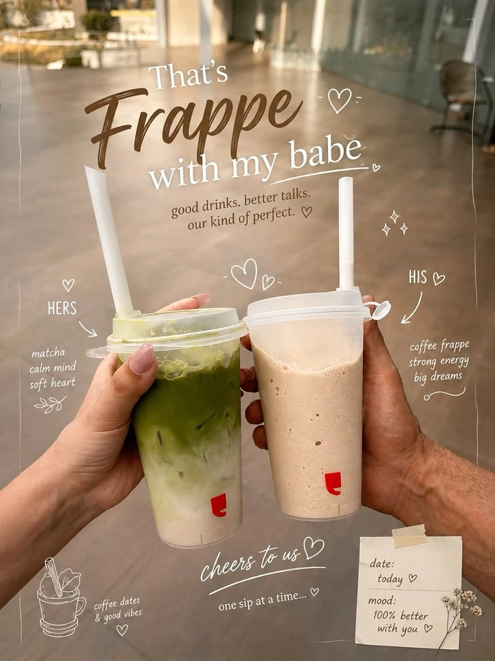 Valentine's Day creative ad: Couple holding a matcha drink and coffee frappe together