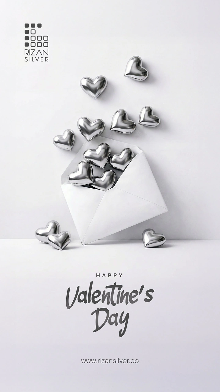 Valentine's Day creative ad: Silver chrome hearts spilling from a white envelope