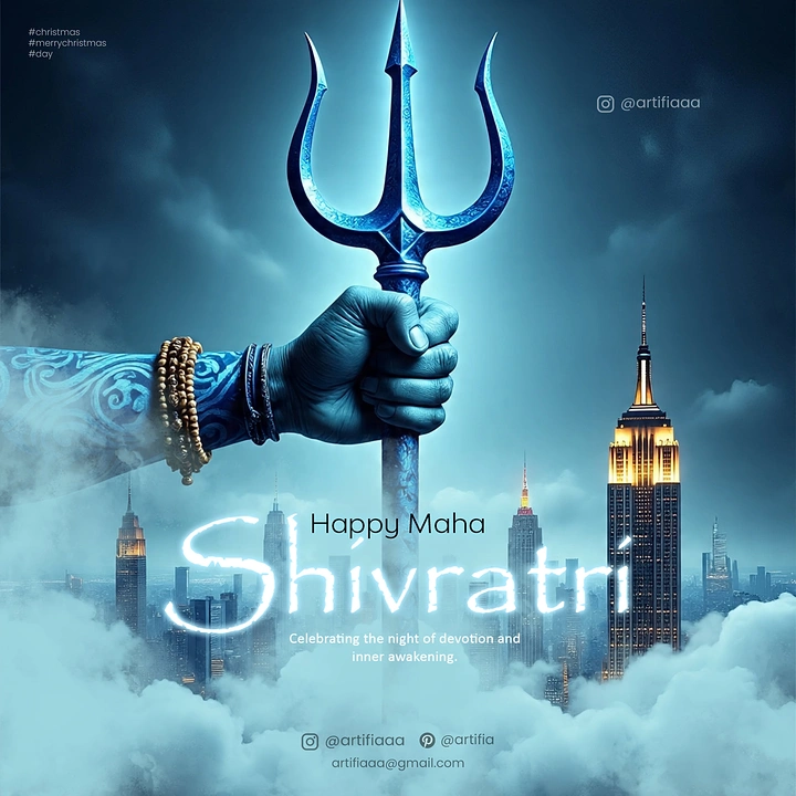 other-festival creative ad: Blue divine hand gripping a trishul above a cloud-wrapped skyline