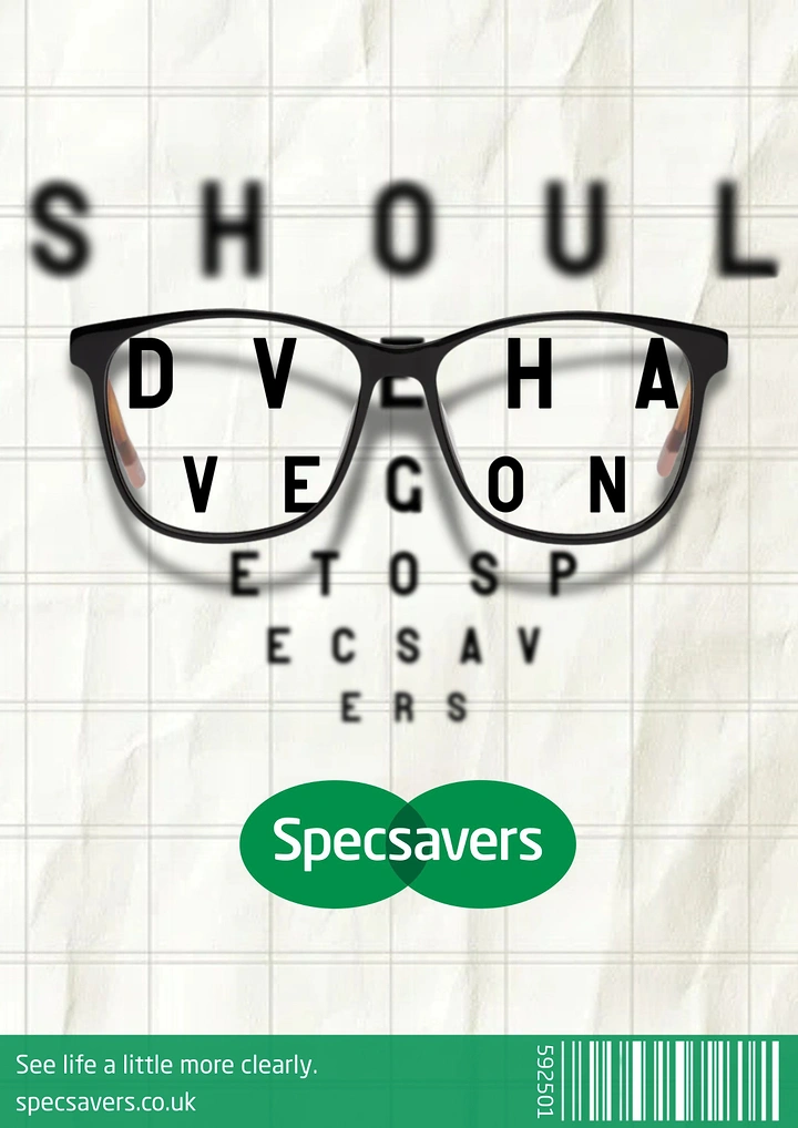 Opticians & Eye Care creative ad: Black glasses bringing blurred eye-chart letters into sharp focus
