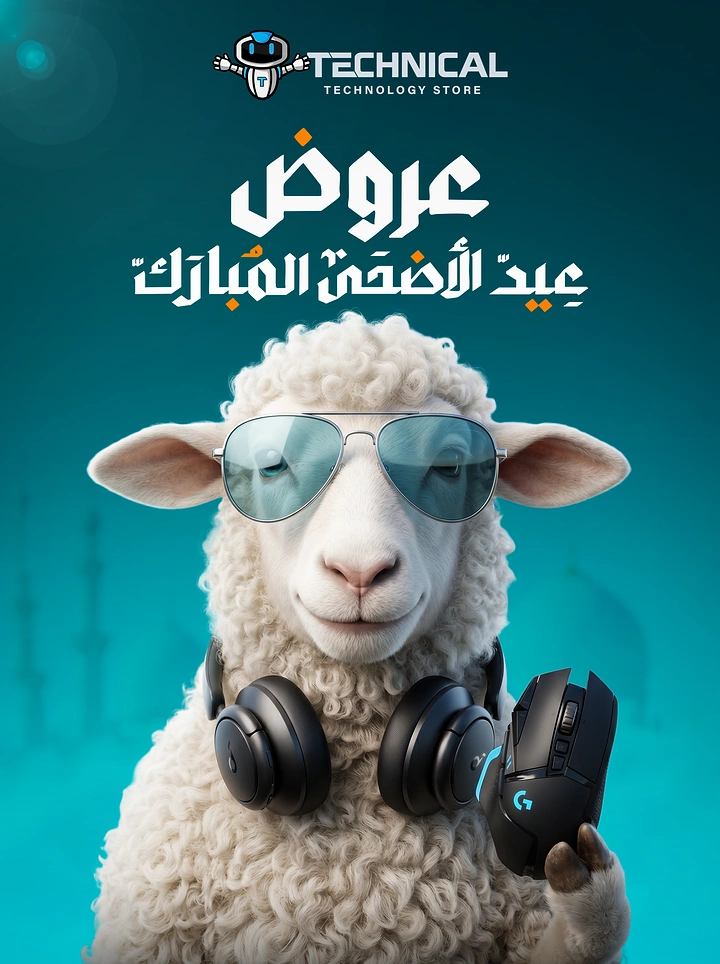 Eid creative ad: Photoreal sheep in aviators with headphones holding a gaming mouse