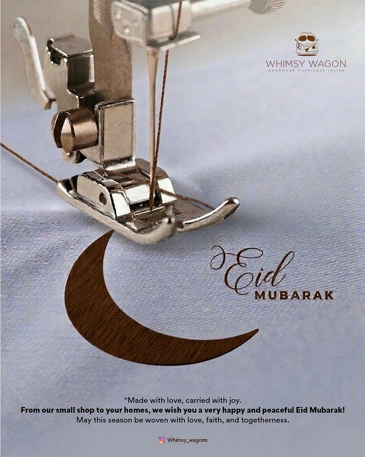 Eid creative ad: Sewing machine stitching a brown crescent moon onto fabric