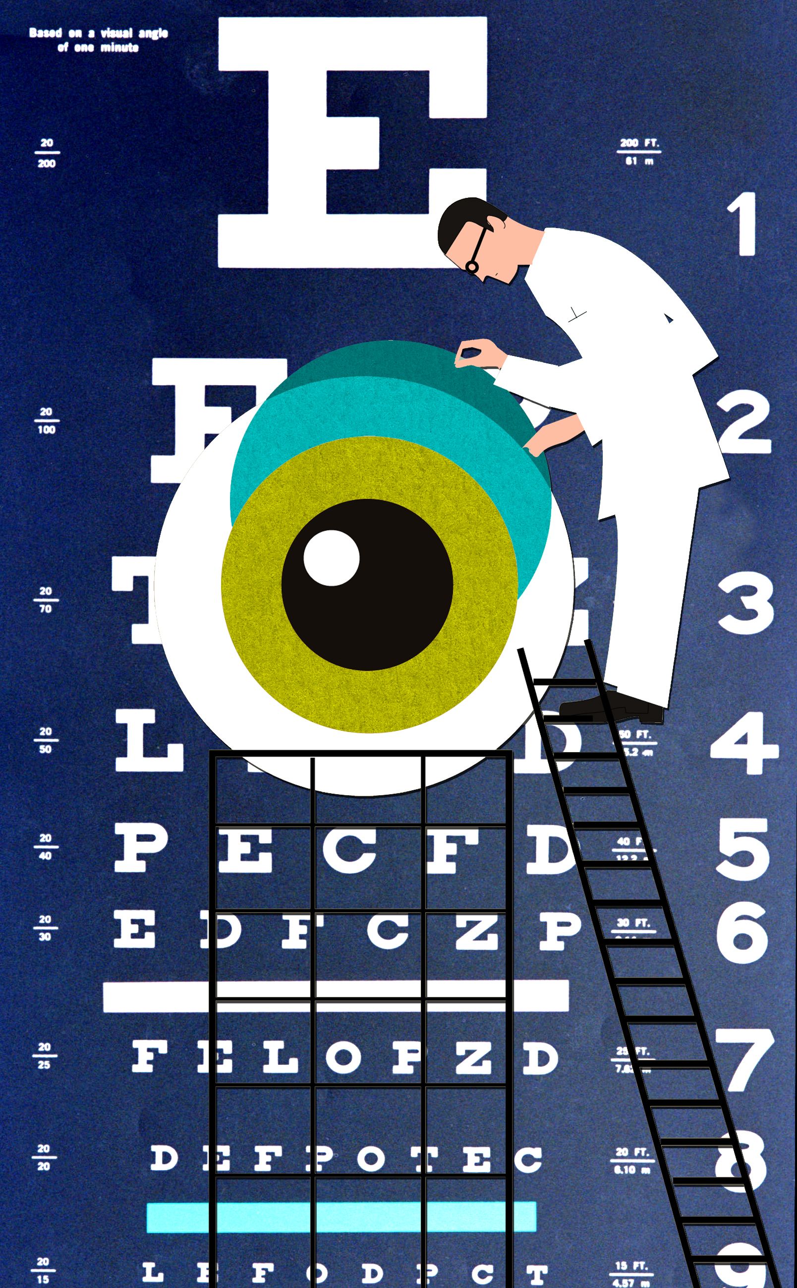 Story: Optician on ladder painting eye into chart