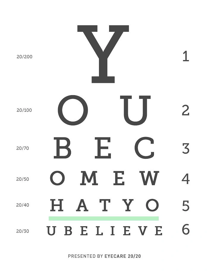 Opticians & Eye Care creative ad: Eye chart spells 'You become what you believe'