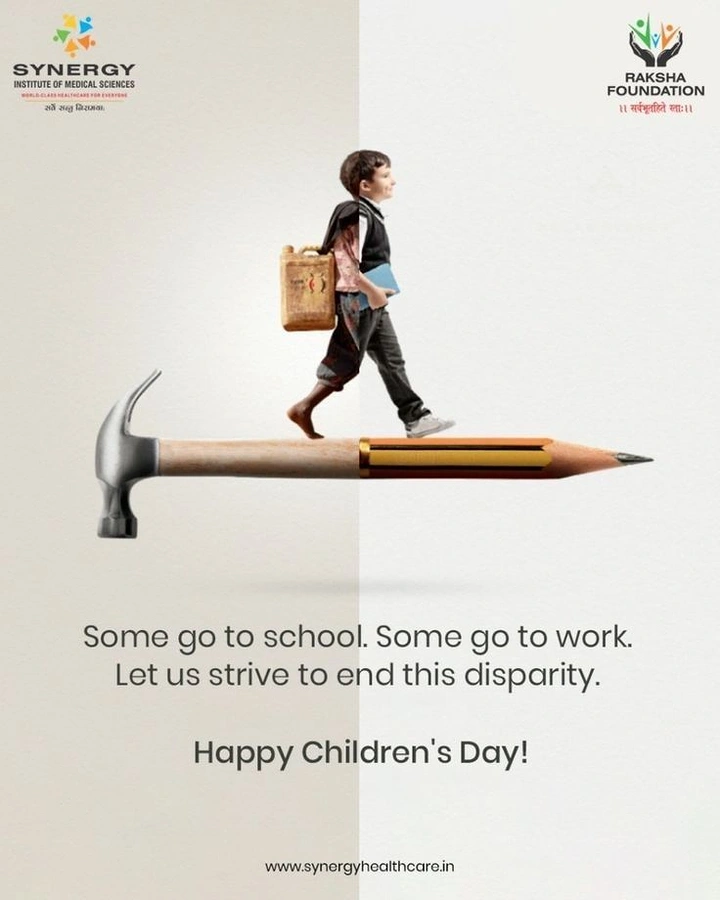 Children's Day creative ad: Hammer morphing into pencil: child labour