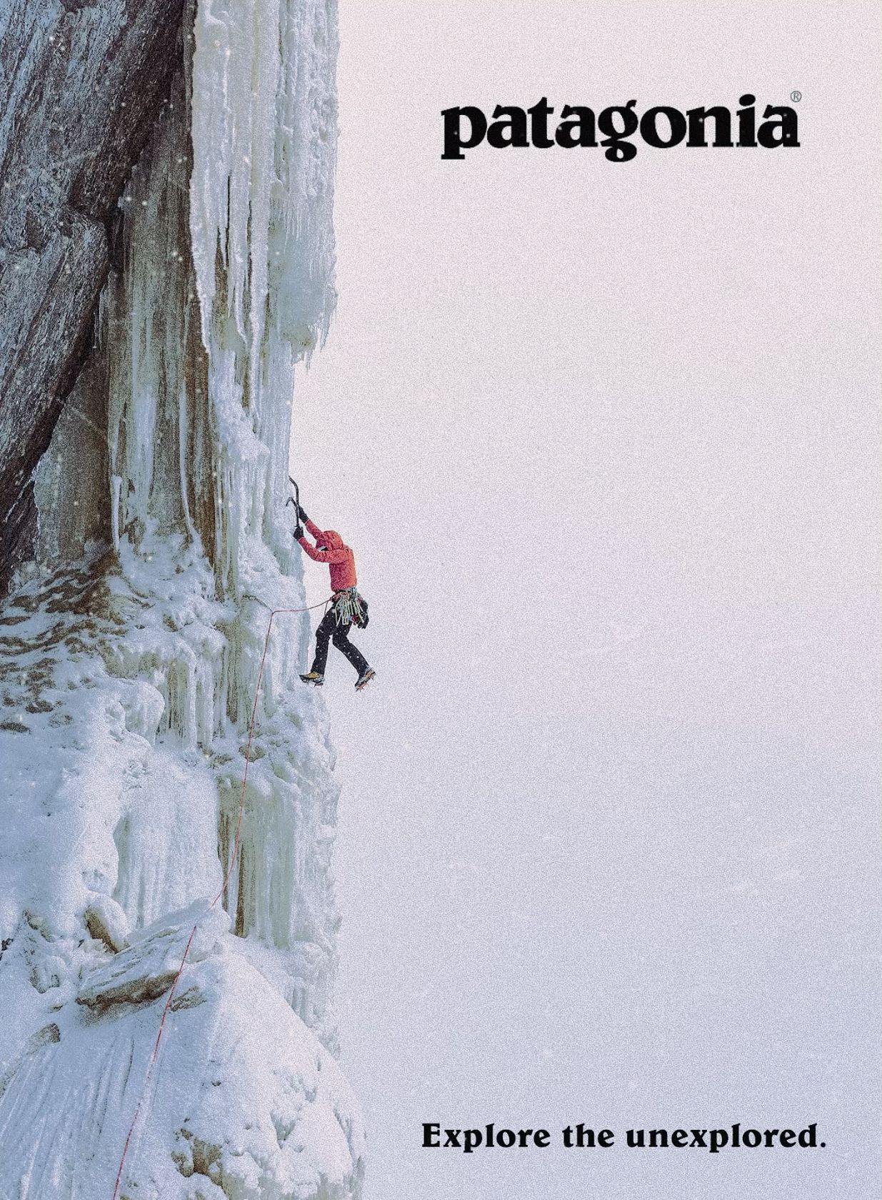 Poster: Ice climber in red jacket on a frozen cliff face