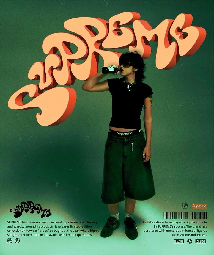 Creative ad: Androgynous model in black tee and baggy shorts drinking from a bottle