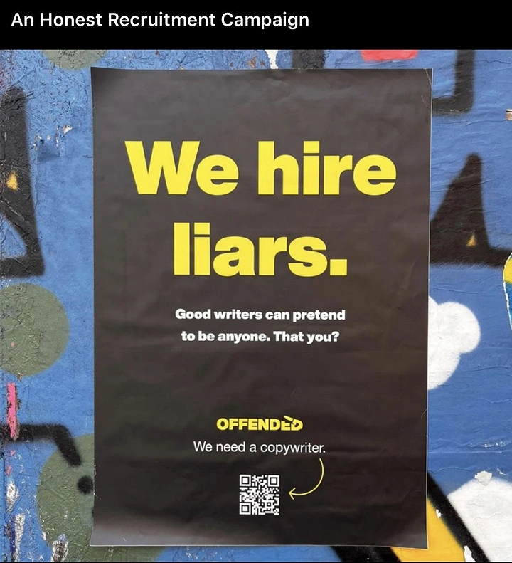 Agency creative ad: Witty 'We hire liars' copywriter poster