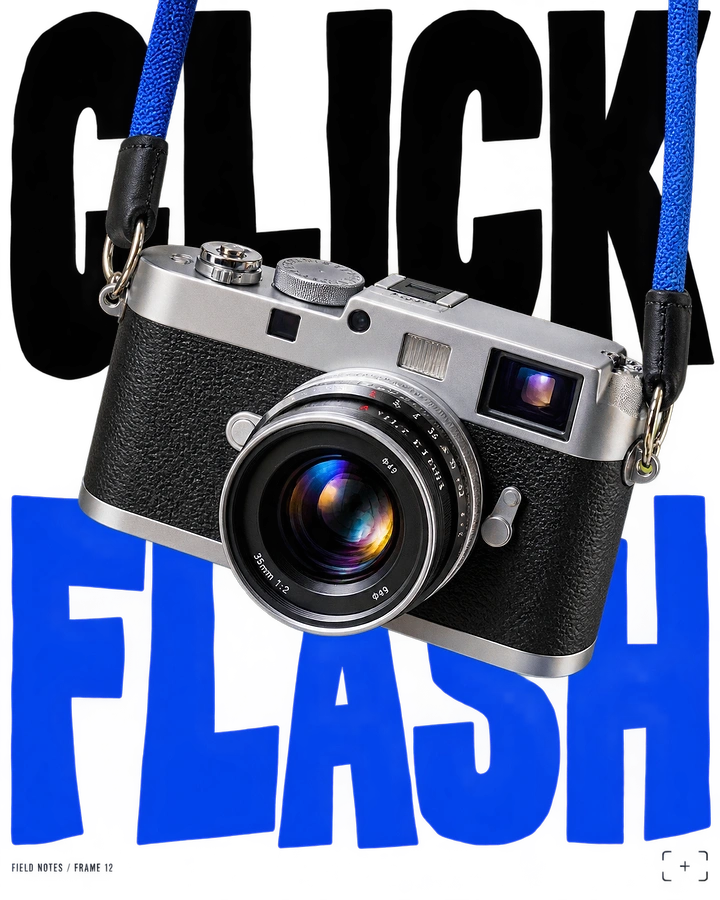 Cameras & Camera Stores creative ad: Camera literally staged behind FLASH typography