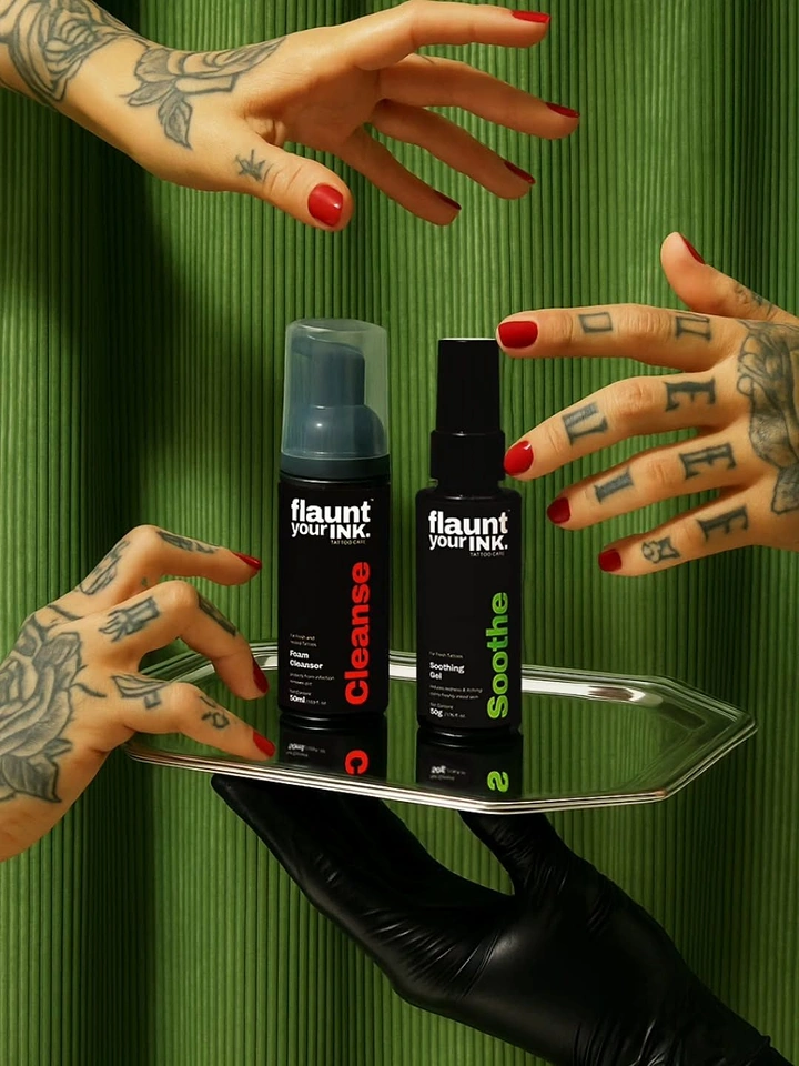 Tattoo Studios creative ad: Tattooed hands present aftercare like jewelry