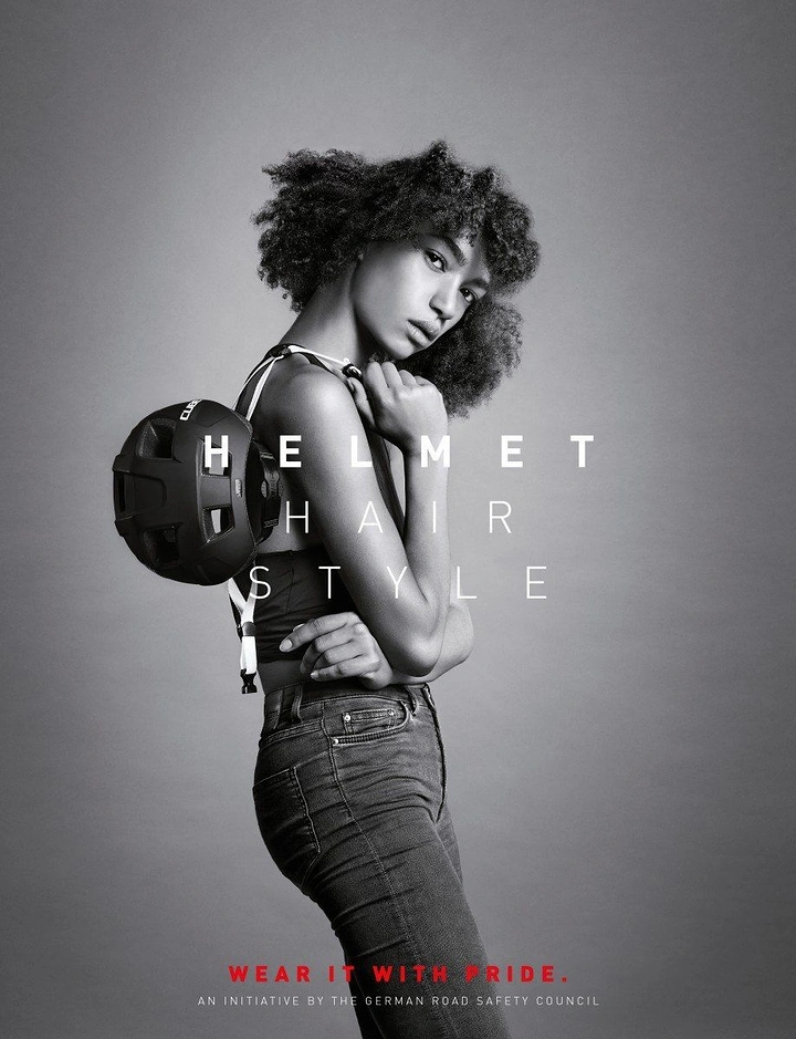 Helmets & Riding Gear creative ad: Fashion portrait built around helmet-hair pun