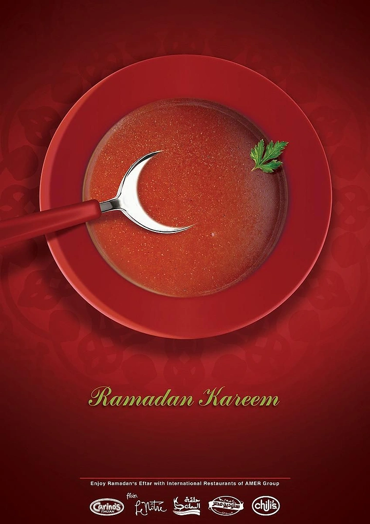 Ramadan creative ad: Top-down red soup bowl with a spoon forming a crescent moon