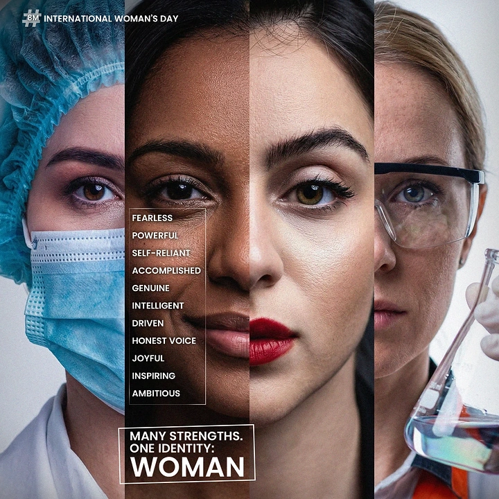Women's Day creative ad: Four women's faces in vertical strips merging into one face