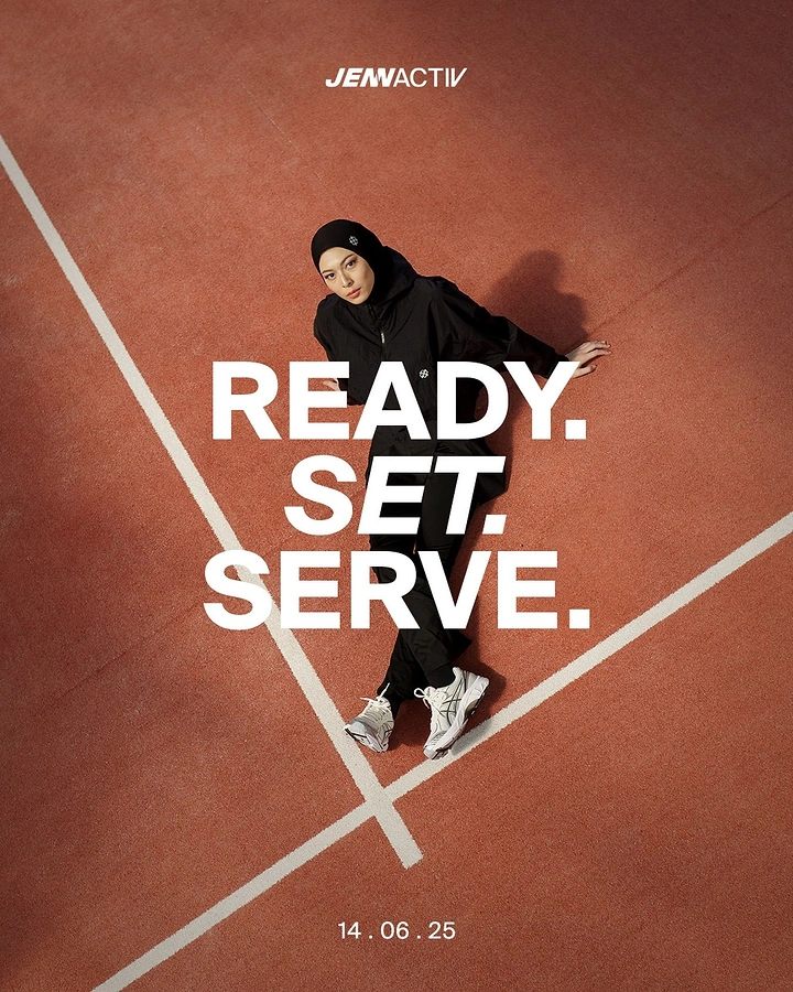 Streetwear creative ad: Hijab-wearing model lying on a clay court in black sportswear