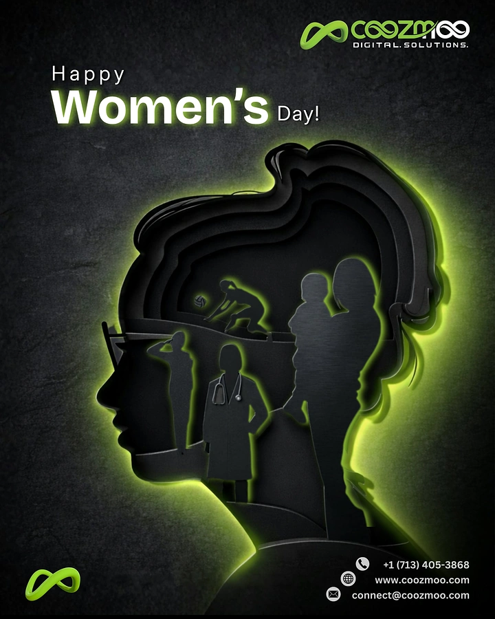 Women's Day creative ad: Layered paper-cut woman's head profile containing silhouettes of women's roles