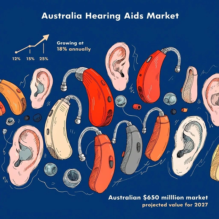 Hearing Aids creative ad: Illustrated ear and aid pattern, market stat