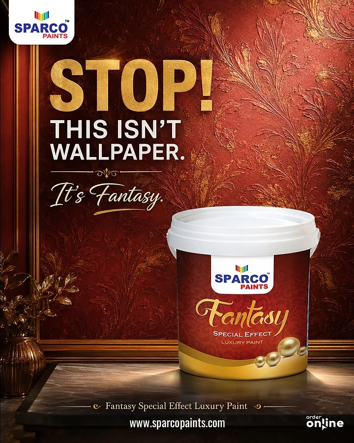 Paint Brands & Paint Shops creative ad: Paint bucket on a marble ledge in front of a red and gold textured wall