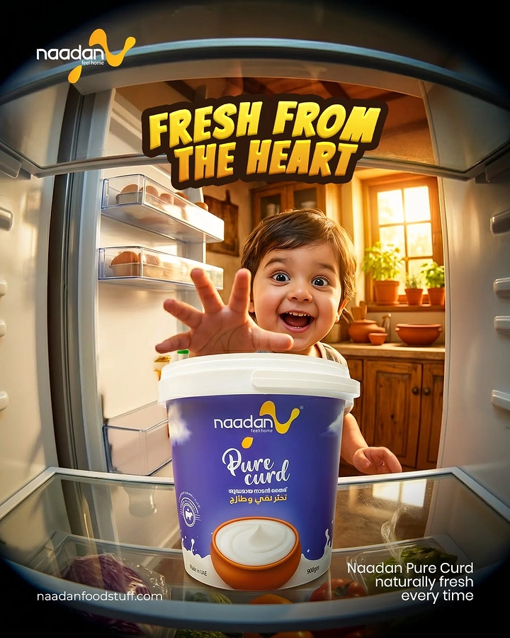 Dairy Brands creative ad: Fridge-eye view, child reaching for curd