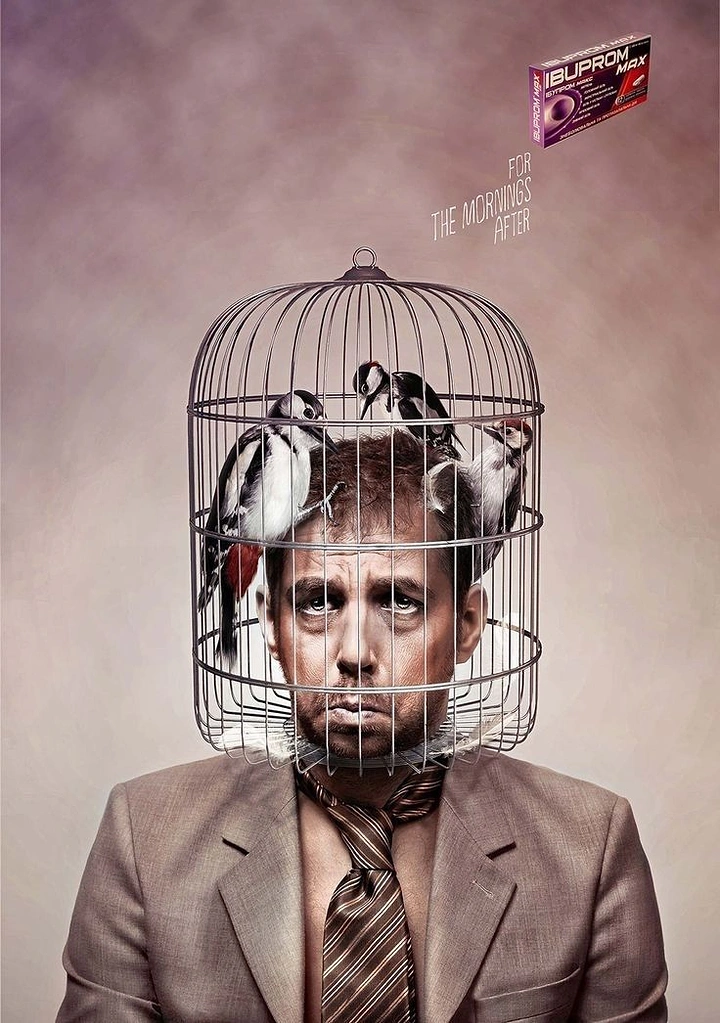 Pain Relief Brands creative ad: Caged head visualizes pain confinement
