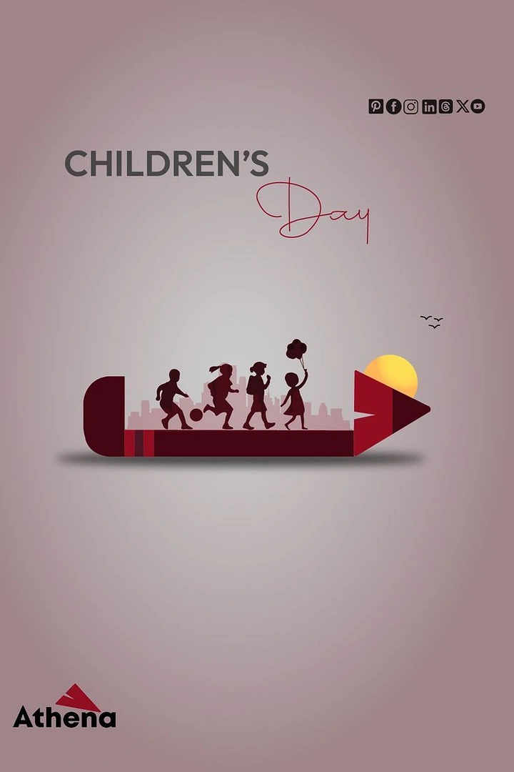 Children's Day creative ad: Children silhouettes running atop a giant pencil