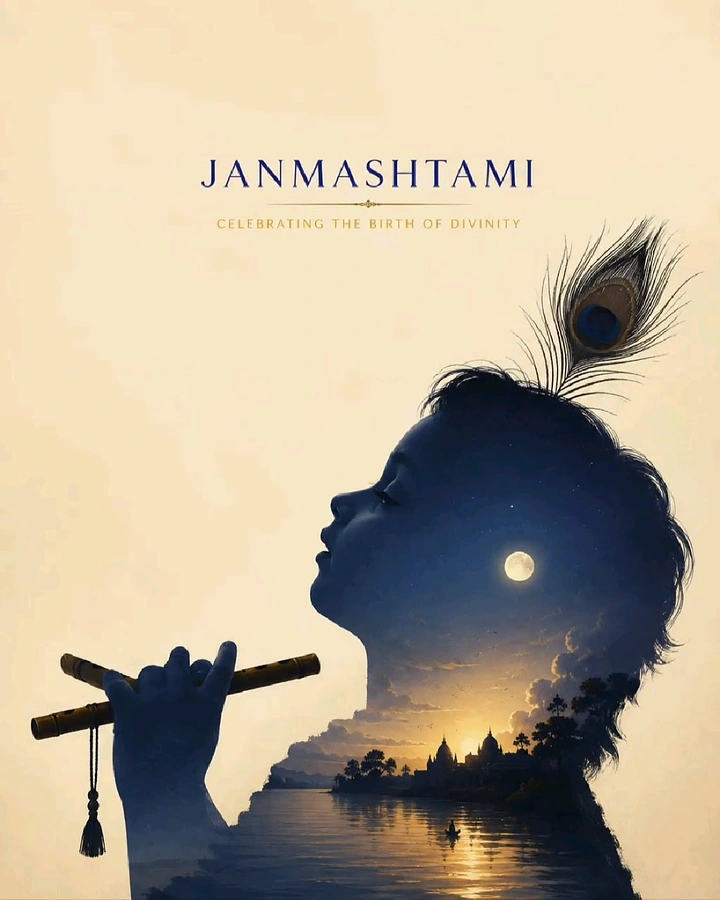 Janmashtami creative ad: Double-exposure profile of young Krishna with a flute and a moonlit riverside