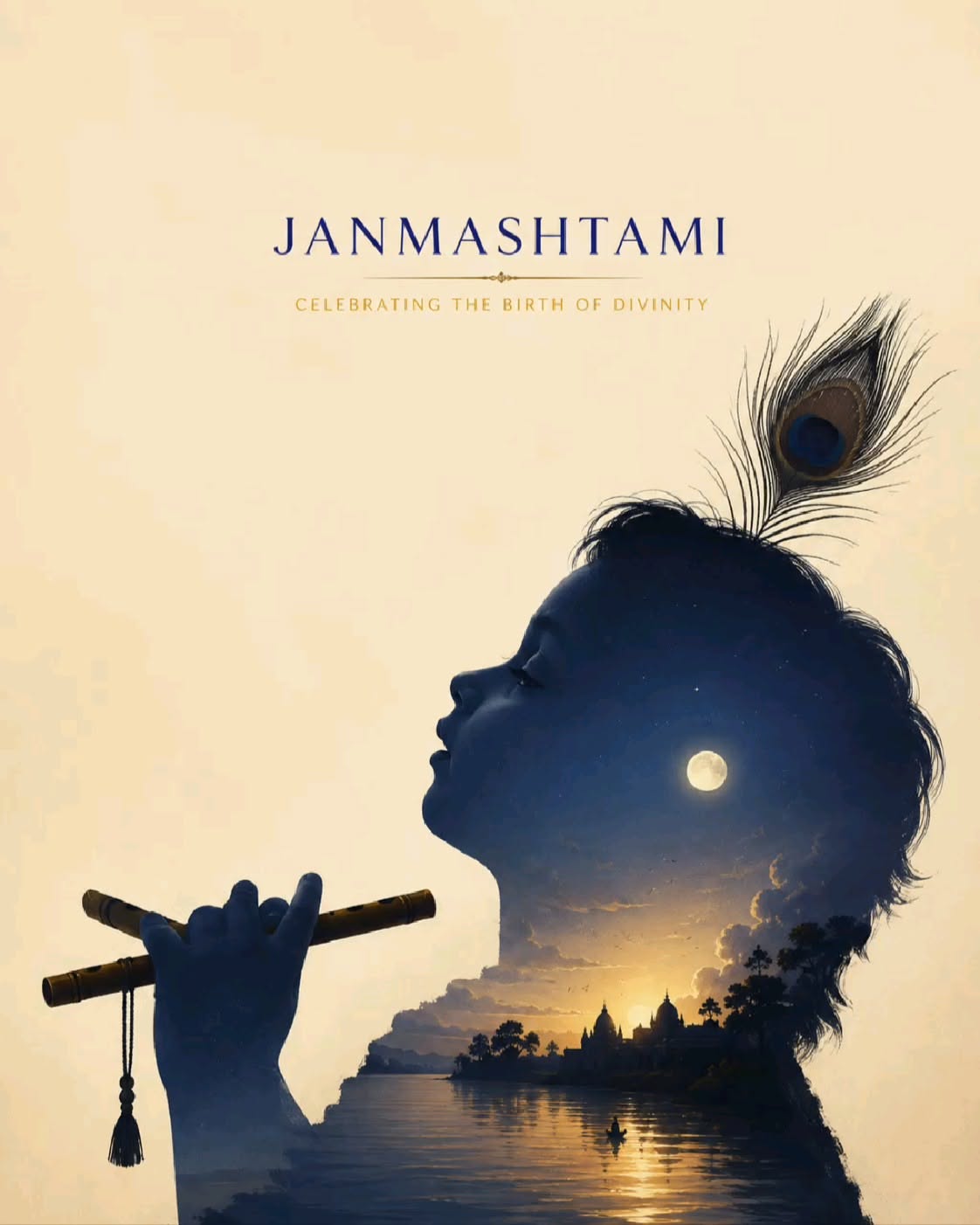 Double-exposure profile of young Krishna with a flute and a moonlit riverside