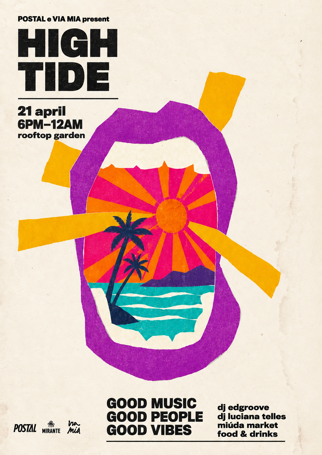 Poster: Torn-paper open mouth revealing a tropical sunset beach