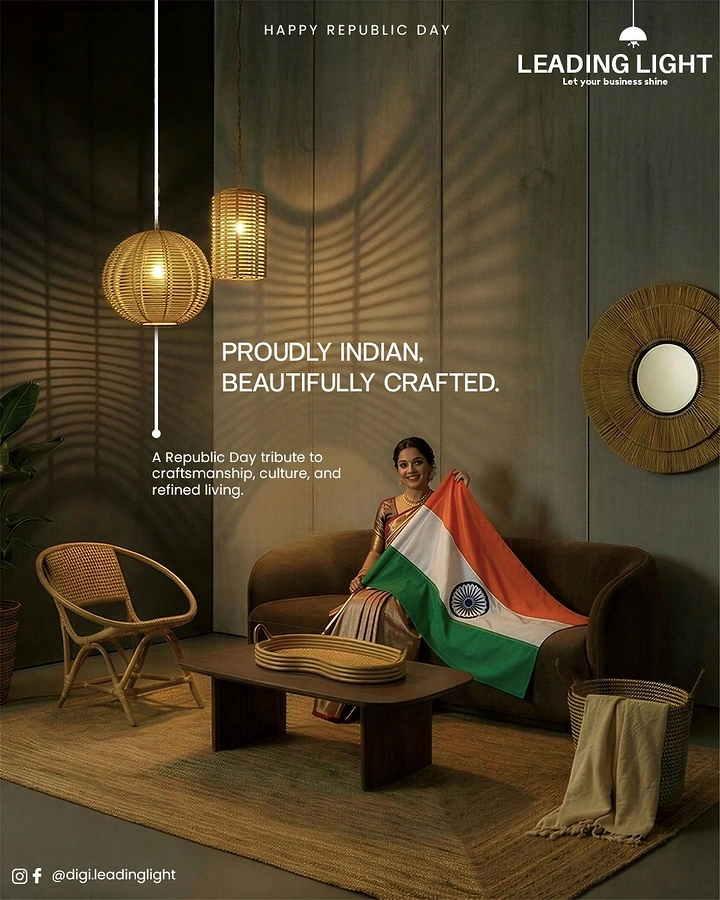 Republic Day creative ad: Woman in saree on sofa holding Indian flag in rattan-styled living room
