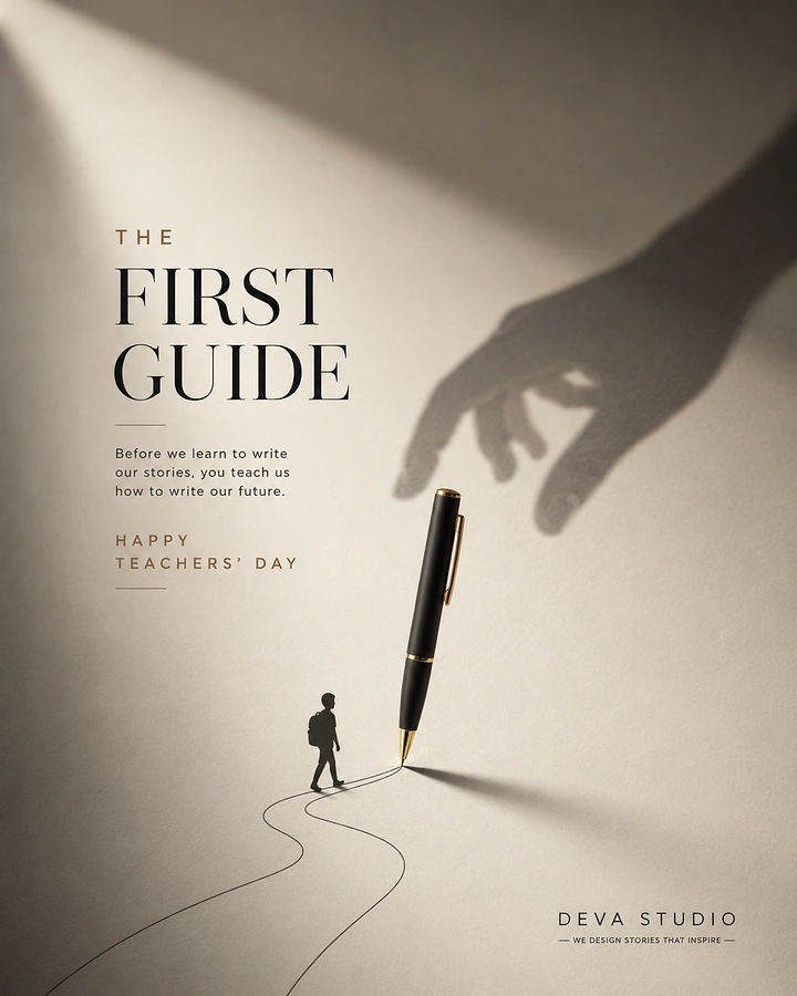 Teachers Day creative ad: Shadow of hand guiding a black-gold pen drawing a path for a tiny child