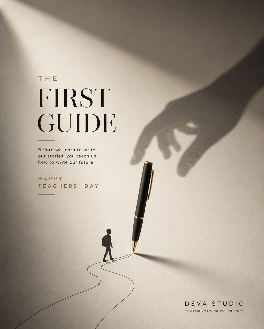 Teachers Day Instagram post: Shadow of hand guiding a black-gold pen drawing a path for a tiny child