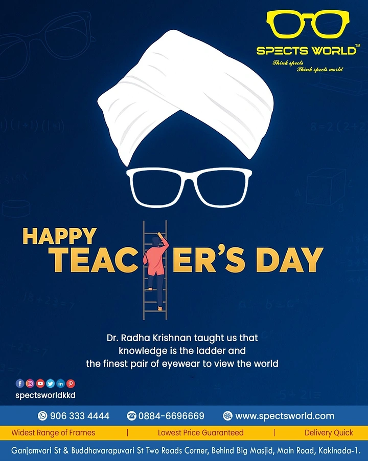 Teachers Day creative ad: Minimal turban-and-spectacles portrait of Dr. Radhakrishnan with a man climbing a ladder