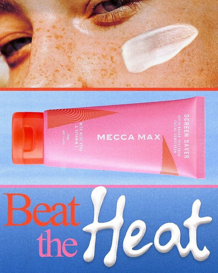 Skincare & Cosmetics creative ad: Pink sunscreen tube with freckled face close-up