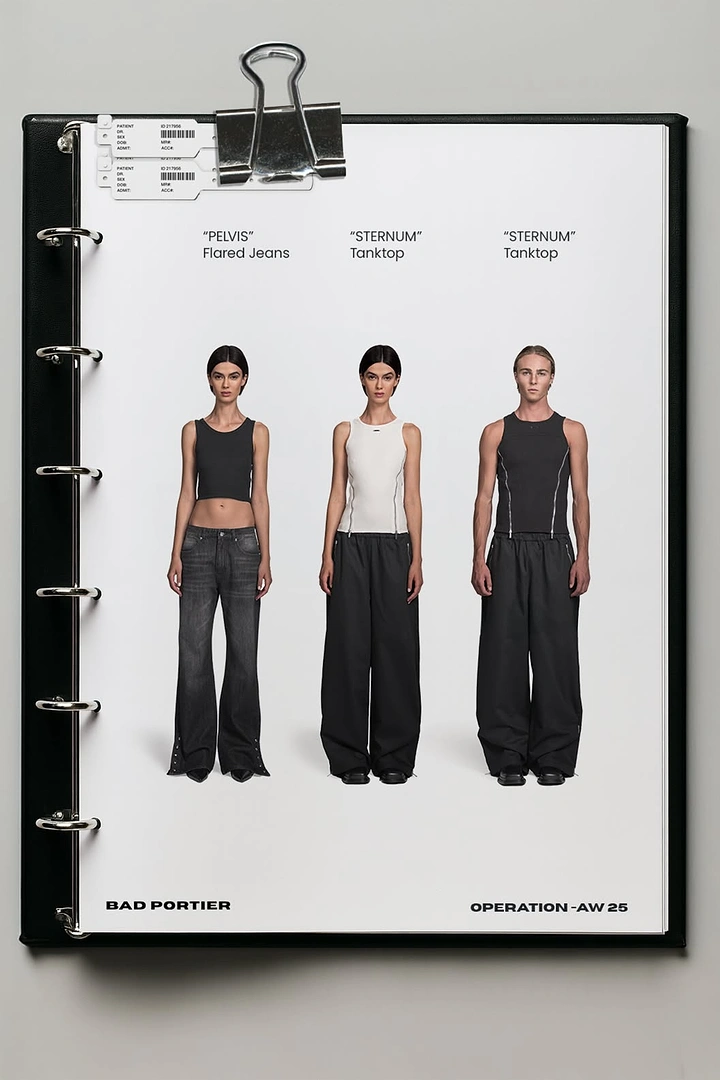 Creative ad: Three models in dark tanks and wide pants inside a ring binder page