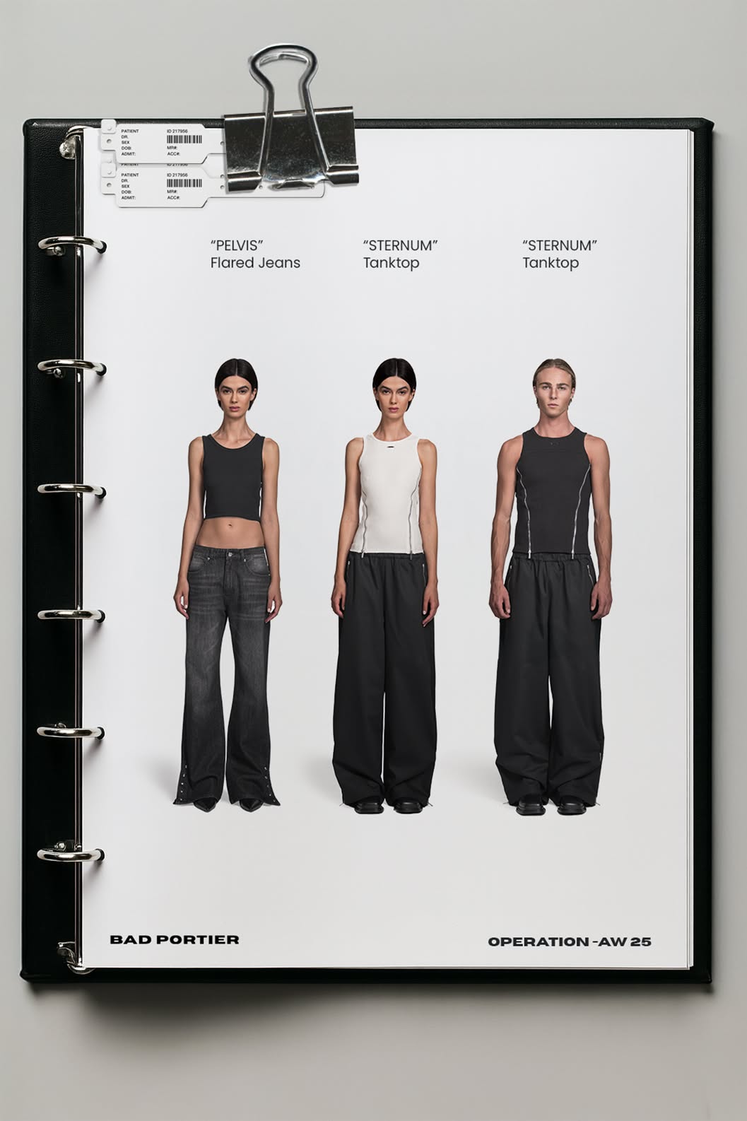 Instagram post: Three models in dark tanks and wide pants inside a ring binder page