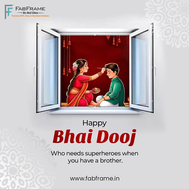 Bhai Dooj creative ad: Illustrated sister applying tilak to her seated brother inside an open window