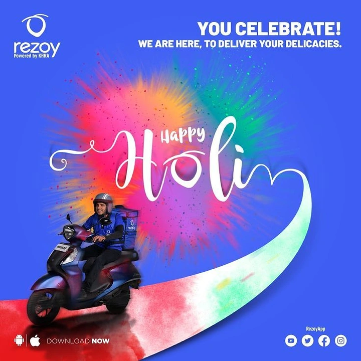 Holi creative ad: Food delivery rider on scooter riding a colour-powder path