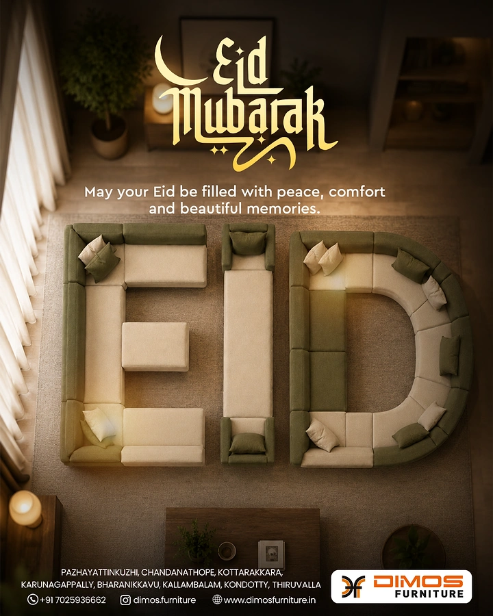 Eid creative ad: Overhead view of modular sofas arranged to spell a word in a cosy living room