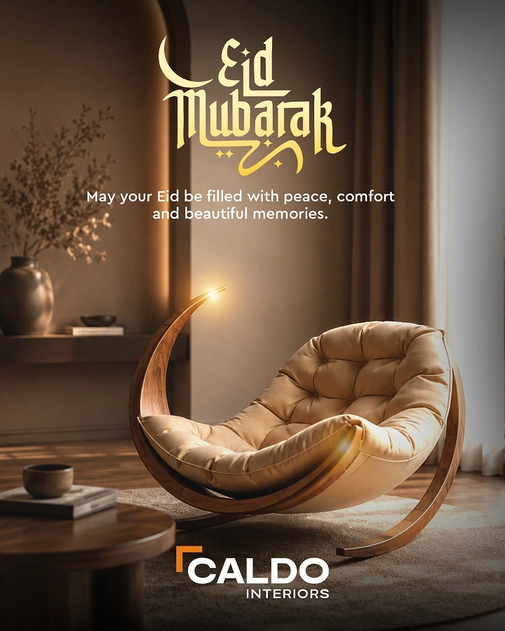Eid creative ad: Crescent-shaped wooden rocking lounge chair in a moody living room